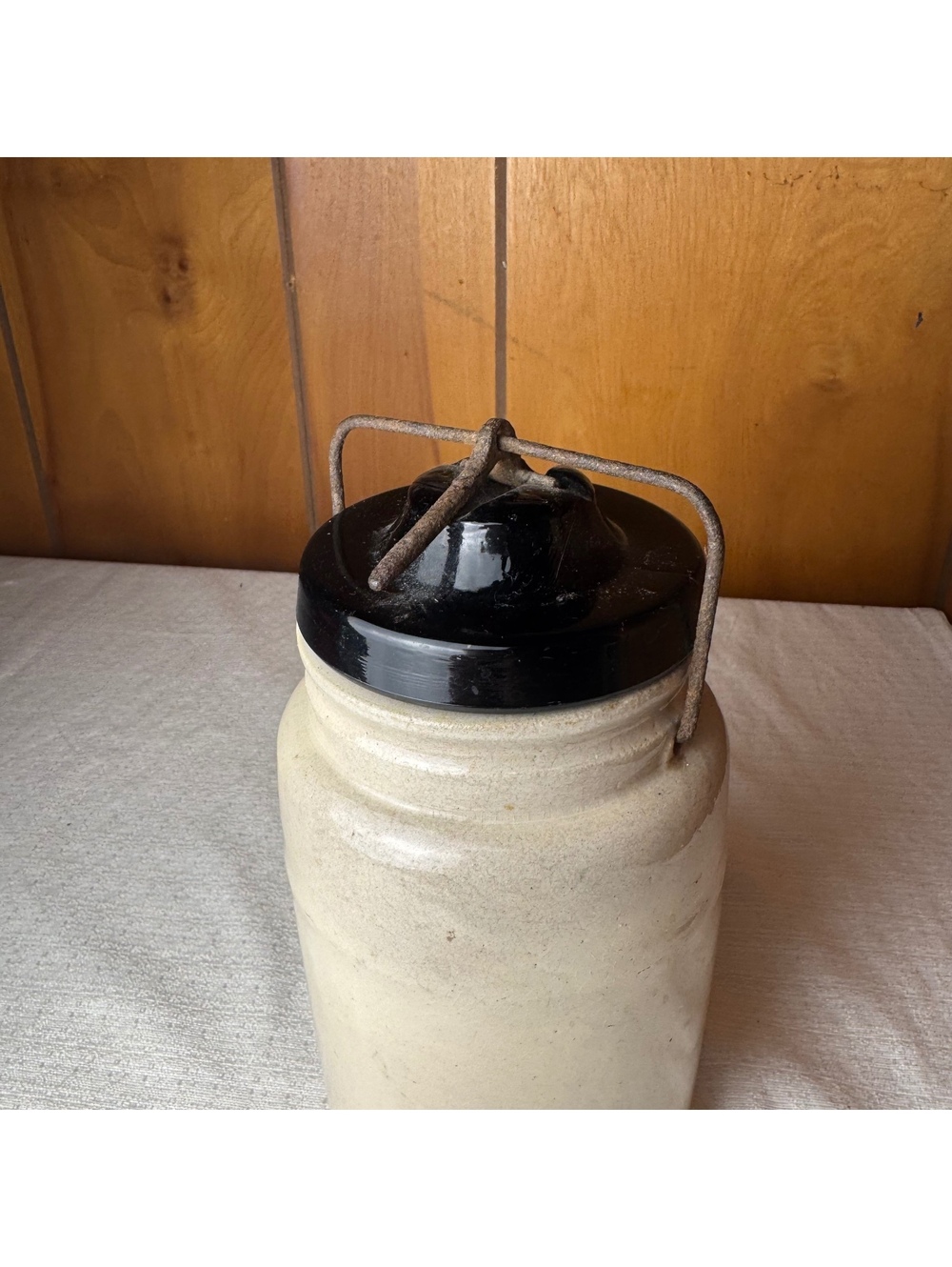 Antique Stoneware Canning Jar Black Lid Wire Bail Primitive Fruit Preserve Crock - Picture 5 of 10